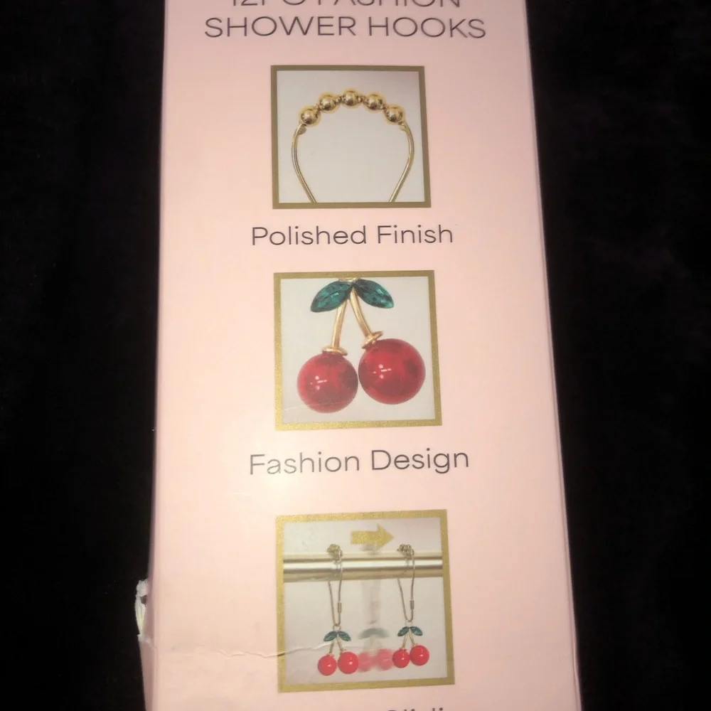 🍓🍒 Cherry & Strawberry  Textural Shower Curtain w/ cherry hooks